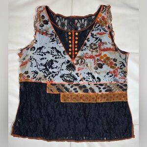 Vintage Sleeveless Top Mixed Media in Orange and Black - Perfect for Fall!